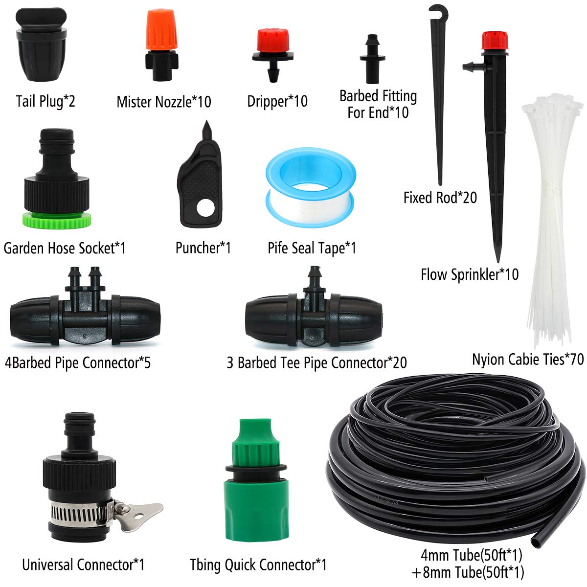 Drip Irrigation System, 100FT Drip Irrigation Kit for Garden - 50FT Main & 50FT Branch Tubing, Adjustable Nozzles for Drip or Mist Cooling, Irrigation System for Garden, Lawn, Patio, Raised Bed