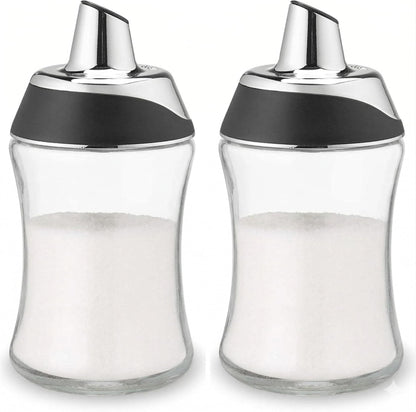 J&M Design 2-Pack Glass Sugar Dispenser & Shaker for Coffee, Cereal, Tea & Baking with Pour Spout and Lid for Easy Spoon Measuring Pouring - 7.5oz Jar Container - Coffee Bar Accessories & Essentials