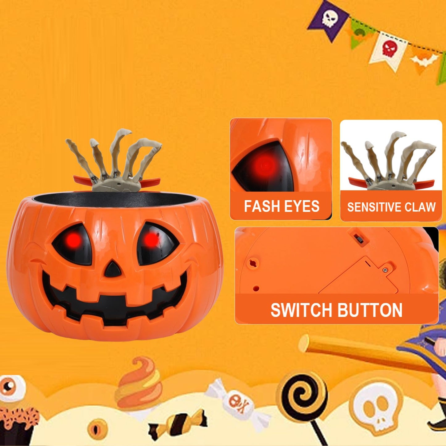 Halloween Skull pumpkin Bowl，Animated trick or treat bucket talking large funny scary candy Bowl dispenser for porch hand grabber Candy treat plastic Dish ，for Halloween decor indoor Party