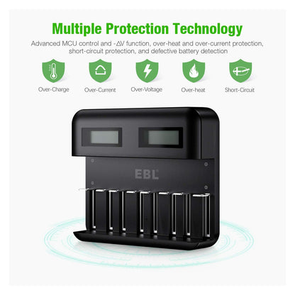EBL LCD Rechargeable Battery Charger - 8 Bay AA AAA C D Battery Charger for Rechargeable Batteries Ni-MH AA AAA C D Batteries with 2A USB Port, Type C Input