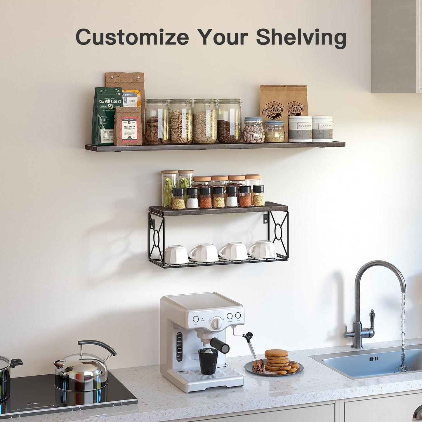 Amada Bathroom Shelves Over Toilet with Storage Basket, Floating Wall Shelves for Home Organization & Wall Decor, Bathroom/Kitchen/Living Room ShelvesBlack