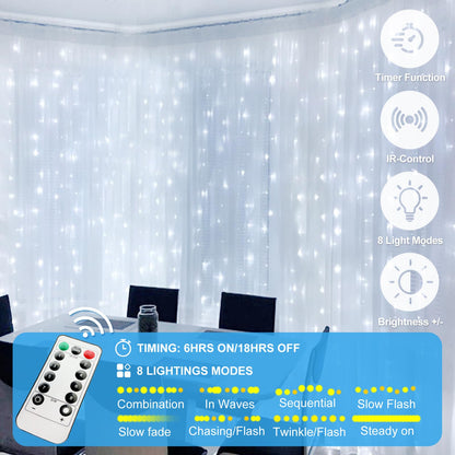 HOLITS 200 LED Fairy Curtain Lights, Warm White, 6.6 x 6.6 FT, USB Plug, Remote, Indoor/Outdoor, Model DIDCL01B-10