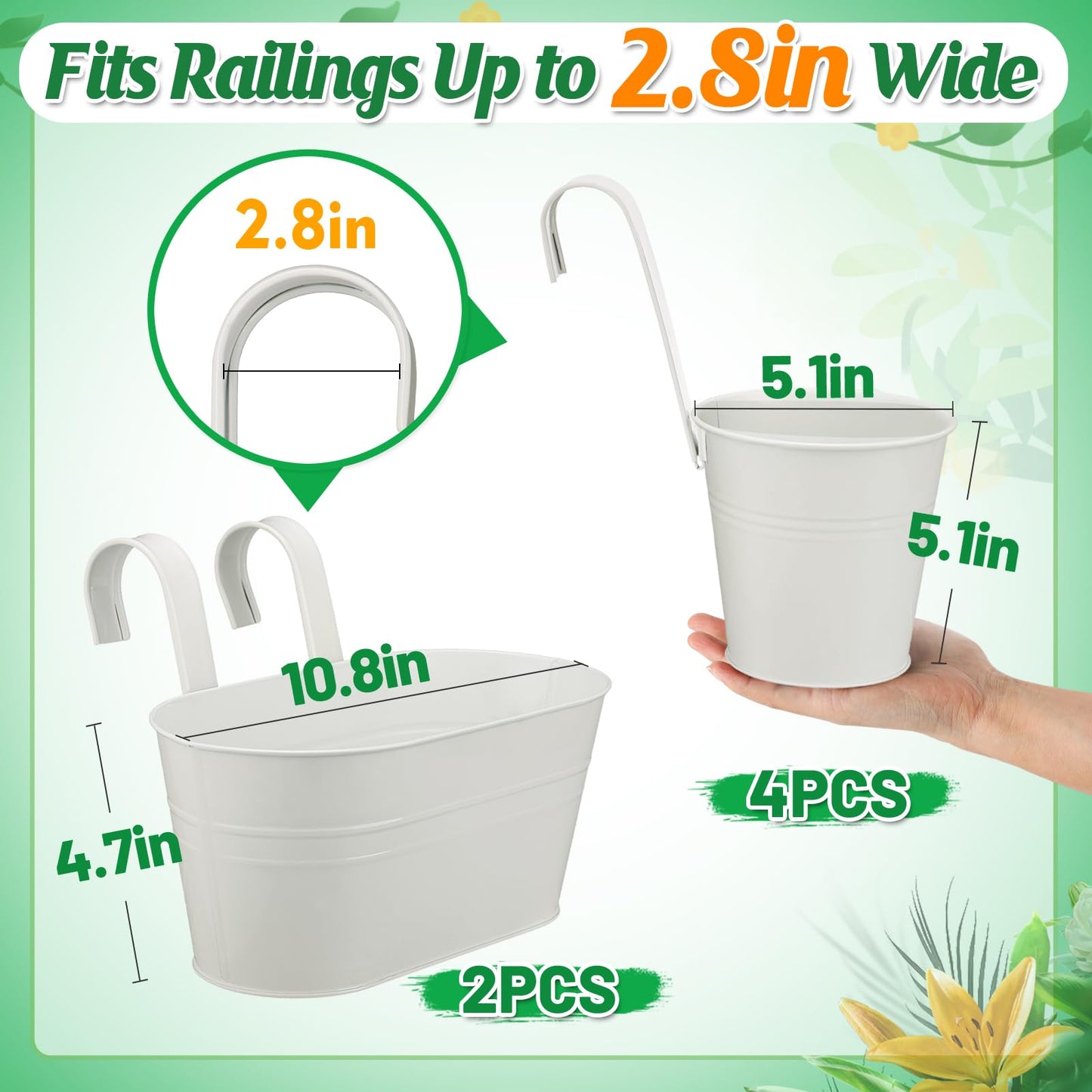 MADHOLLY 6Pcs Railing Planter with Drainage - 10.8" & 5.1" Bucket Pots for Balcony Railing, Metal Iron Hanging Flower Pots for Herb Planter Outdoor Deck & Rail Decor with Hook, White