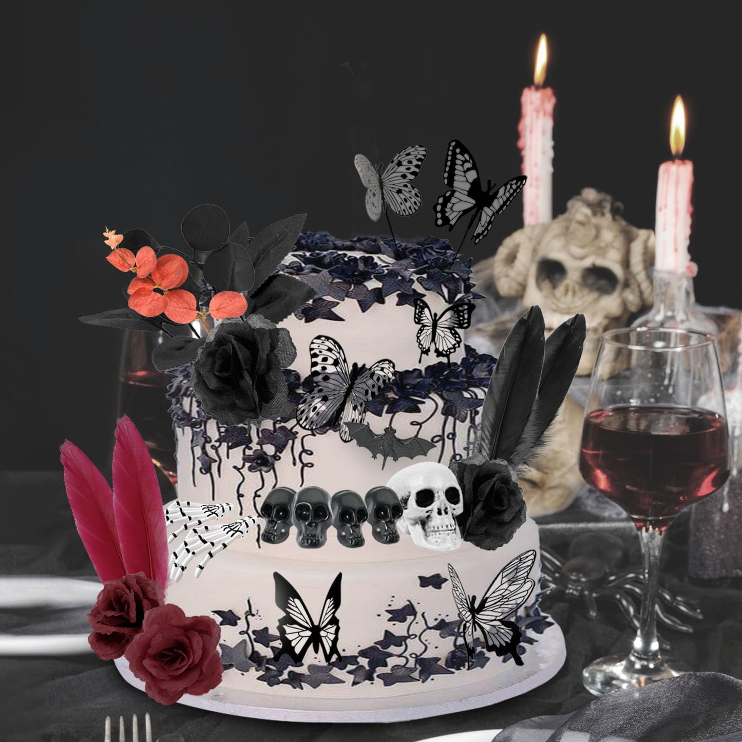 Ylapagne Gothic Cake Decorations, 26PCS Halloween Black Cake Topper with Red Black Rose, Skull, Feather, Ghost Hand, Butterfly Cupcake Toppers for Wedding, Birthday, Wizard Party