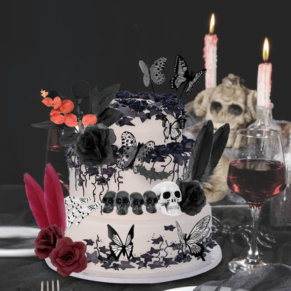 Ylapagne Gothic Cake Decorations, 26PCS Halloween Black Cake Topper with Red Black Rose, Skull, Feather, Ghost Hand, Butterfly Cupcake Toppers for Wedding, Birthday, Wizard Party