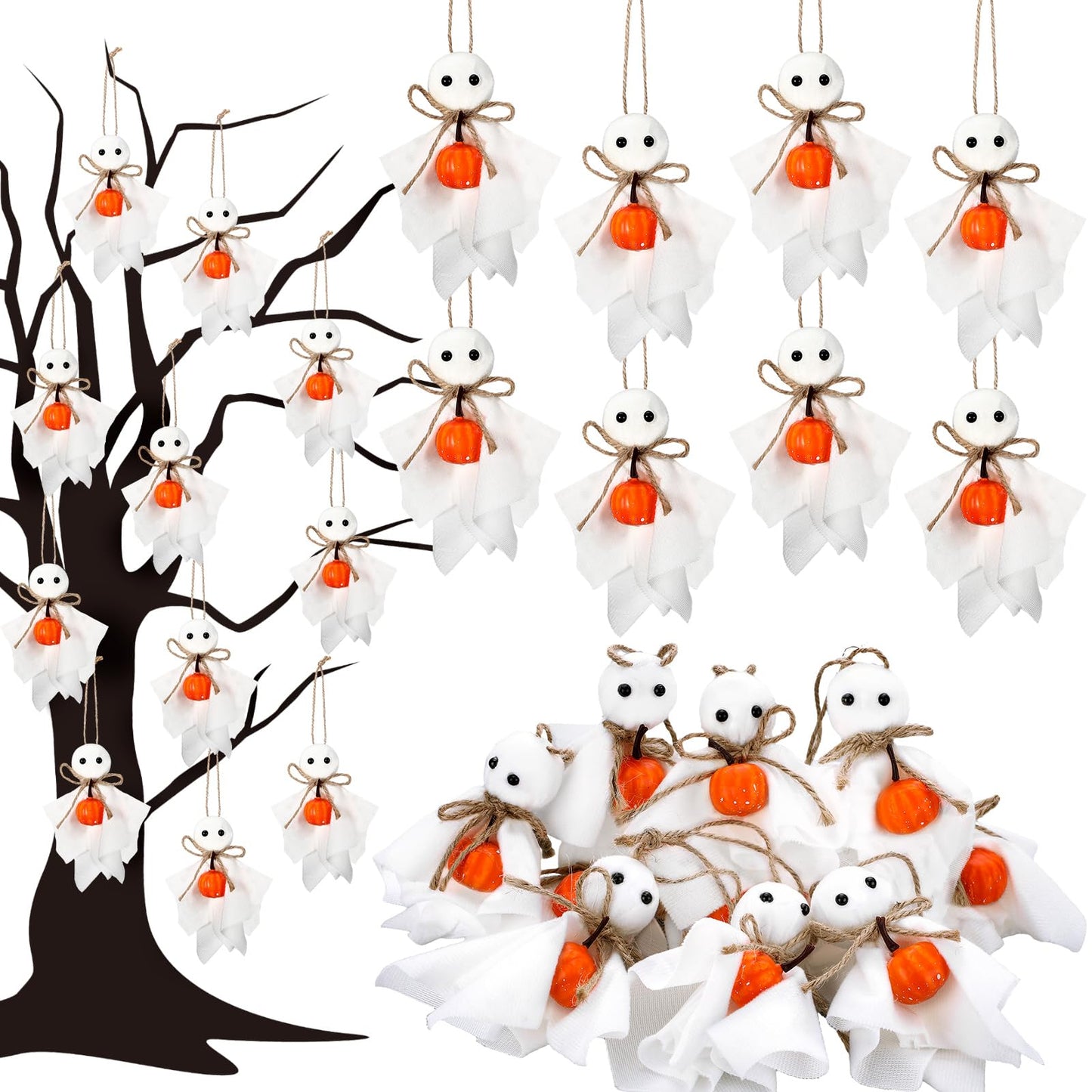 Civaner 24 Pcs Halloween Hanging Ghost Ornaments Mini Ghost Ornaments for Halloween Tree 3 Inch Cute Hanging Farmhouse Rustic Boo with Pumpkin Decorations for Haunted Party Yard Tree Decor