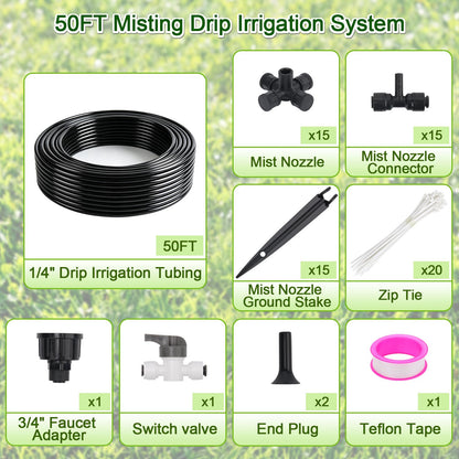 50FT Drip Irrigation System Kit, Garden Watering System with Quick Connectors 1/4 inch Drip Tubing & Quick Connect Fittings Adjustable Mist, Watering System for Outdoor Plants