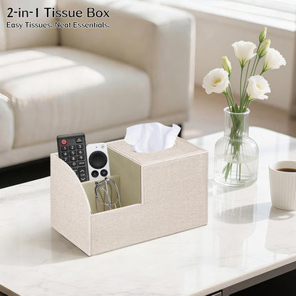 Fanousy Square Tissue Box Cover with Storage, PU Leather Cube Tissue Box Holder, Remote Control Nightstand Organizer, Modern Desk Caddy for End Table, Bathroom, Bedroom, Home, Office Decor