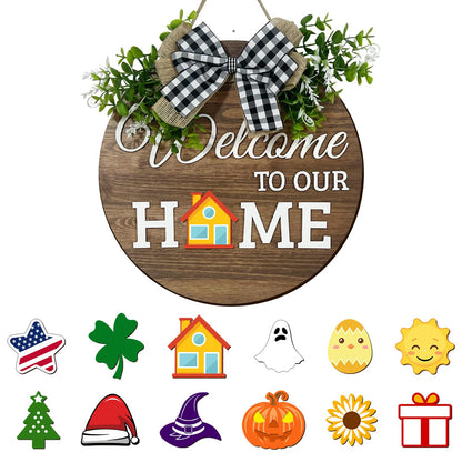 VPDTVK Interchangeable Seasonal Welcome Sign Front Door Decoration, Rustic Round Wood Wreaths Wall Hanging Outdoor Decor for Spring Summer Autumn and Winter All Seasons Holiday Halloween Christmas