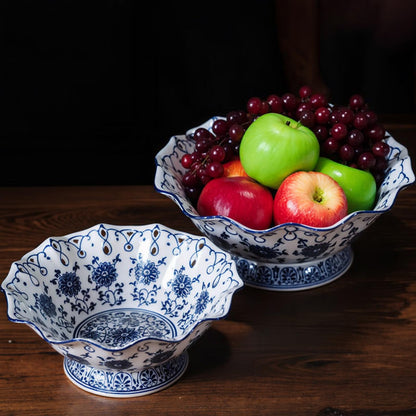 Blue and White Decorative Fruit Bowl for Kitchen Counter - 9.5" Large Ceramic Fruit Pedestal Bowl for Home Table Decor, Blue and White Chinoiserie Floral Decor, Large China Footed Fruits Bowls Basket