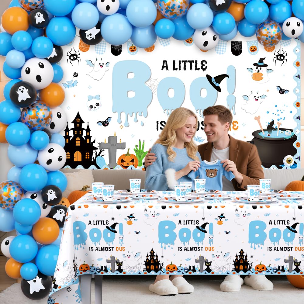 AIBIIN Halloween Baby Shower Decorations for Boys, A Little Boo is Almost Due Blue Balloons Garland Arch Kit with Backdrop Tableware Set for Newborn Party Decor Supplies