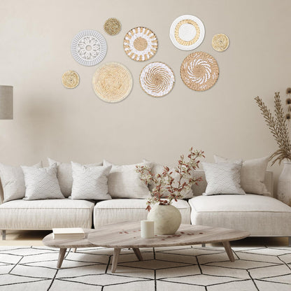 MJOGGOTT 9 Pcs Boho Wall Basket Decor Hanging Woven Wall Basket Art Decor Rattan Wicker Seagrass Home Round Tassels White Macrame Tapestry Baskets Decoration for Kitchen Home Farmhouse Decoration