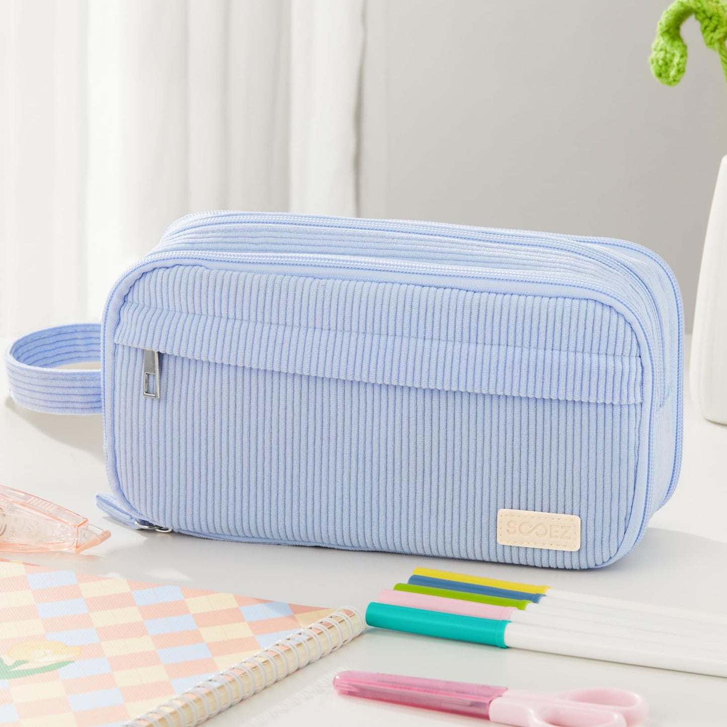 Sooez High Capacity Pencil Case, Soft Corduroy Pencil Pouch with 4 Compartments, Multiple Pockets, Large Pencil Bag with Sturdy Zipper, Cute Pencil Case Pouch Organizer for Student Teen Girls, Black