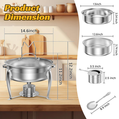 BriSunshine 6 QT Chafing Dish Buffet Set with Serving Spoons, 2 Packs Stainless Steel Round Chafing Dishes with Glass Lid & Lid Holder, Food Warmers for Parties Buffet Weddings Catering Events