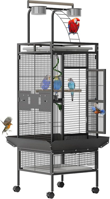 60 Inch Large Bird Cage - Wrought Iron Bird Cage with Rolling Stand, Play Top, 4 Stainless Steel Bowls, Slide-Out Tray, Metal Parrot Cage for Cockatiel, Conure, Budgie, Lovebird - Black