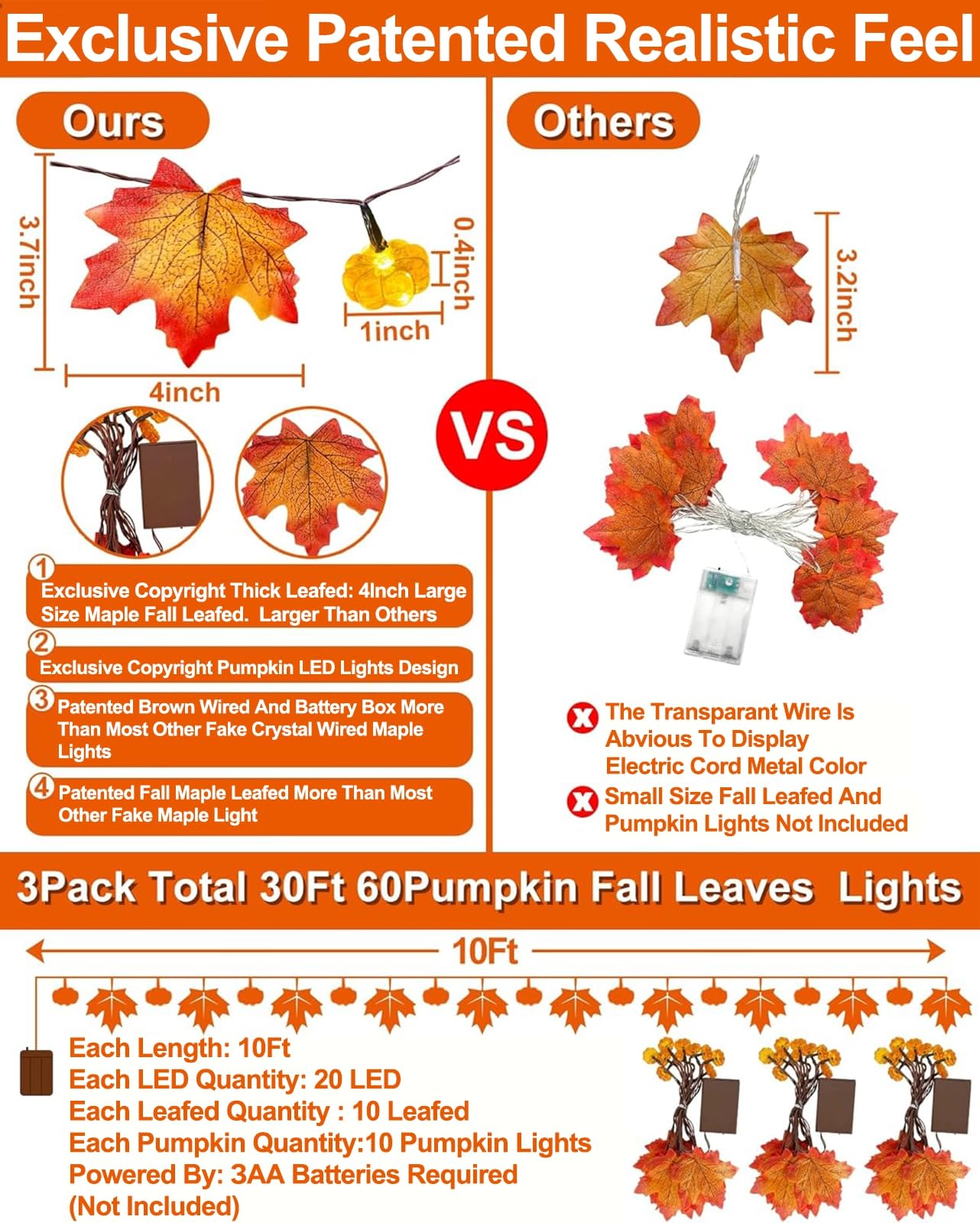 3 Pack & Timer Fall Decor Fall Garland with Pumpkin Lights Fall Decorations for Home, 30Ft 60LED Patented Enlarged Maples Leaves Battery Operated Pumpkin Garland Indoor Outdoor Halloween Decorations