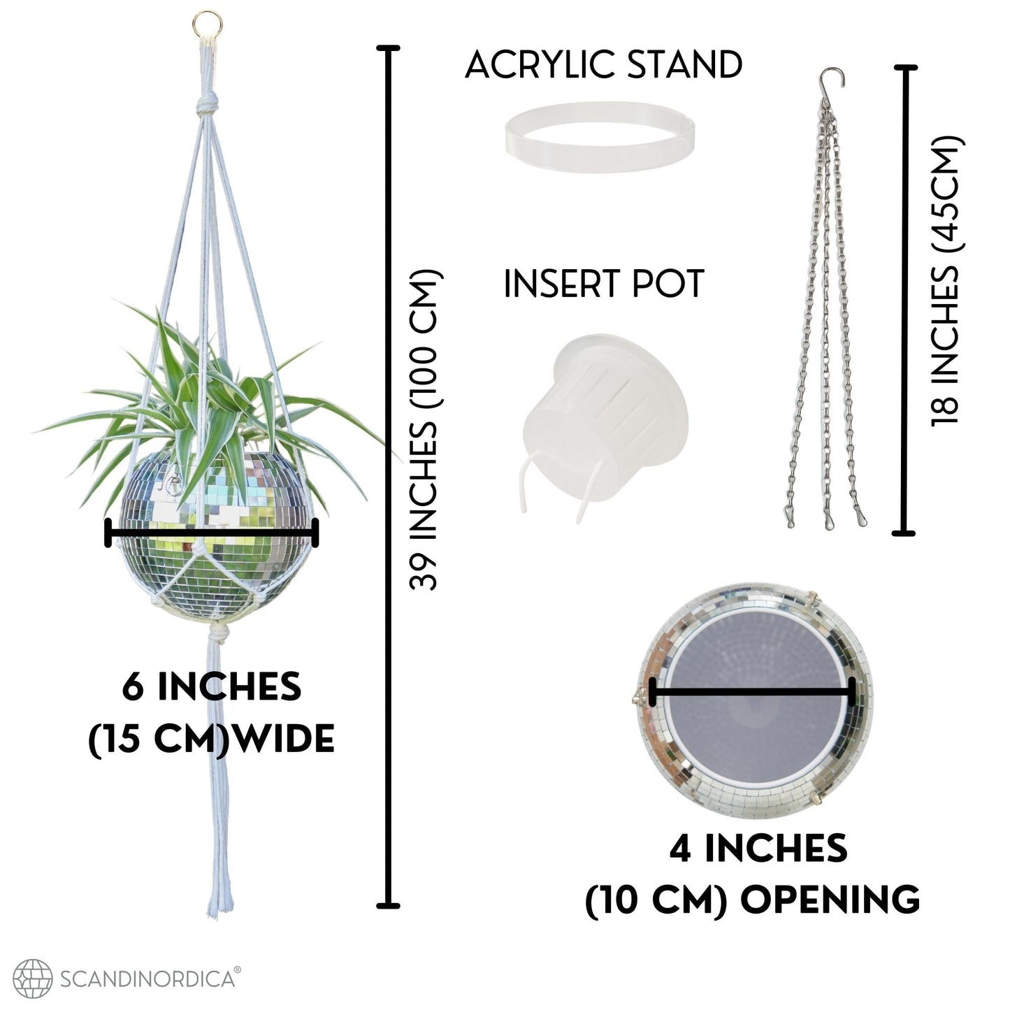 SCANDINORDICA Disco Ball Planter – Value Package: Mirror Disco Planter with Chain, Macrame Hanger and Acrylic Stand for Desk, Includes Self Watering Insert, Disco Ball Decor | 6 inch Silver