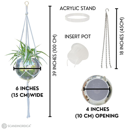 SCANDINORDICA Disco Ball Planter – Value Package: Mirror Disco Planter with Chain, Macrame Hanger and Acrylic Stand for Desk, Includes Self Watering Insert, Disco Ball Decor | 6 inch Silver