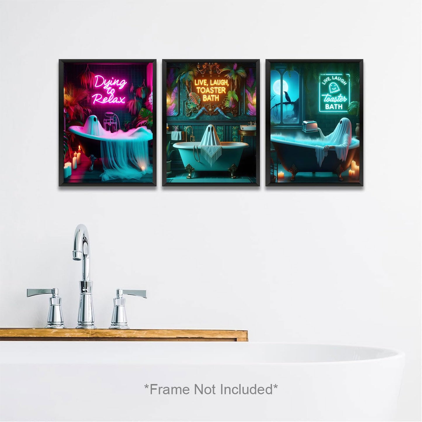 3 Pcs Halloween Ghost Neon Bathroom Canvas Wall Art Neon Sign Dying To Relax Wall Decor Pictures Funny Gothic Ghost Toaster Posters Prints for Restroom Dark Humor indie room Home Decortion Unframed