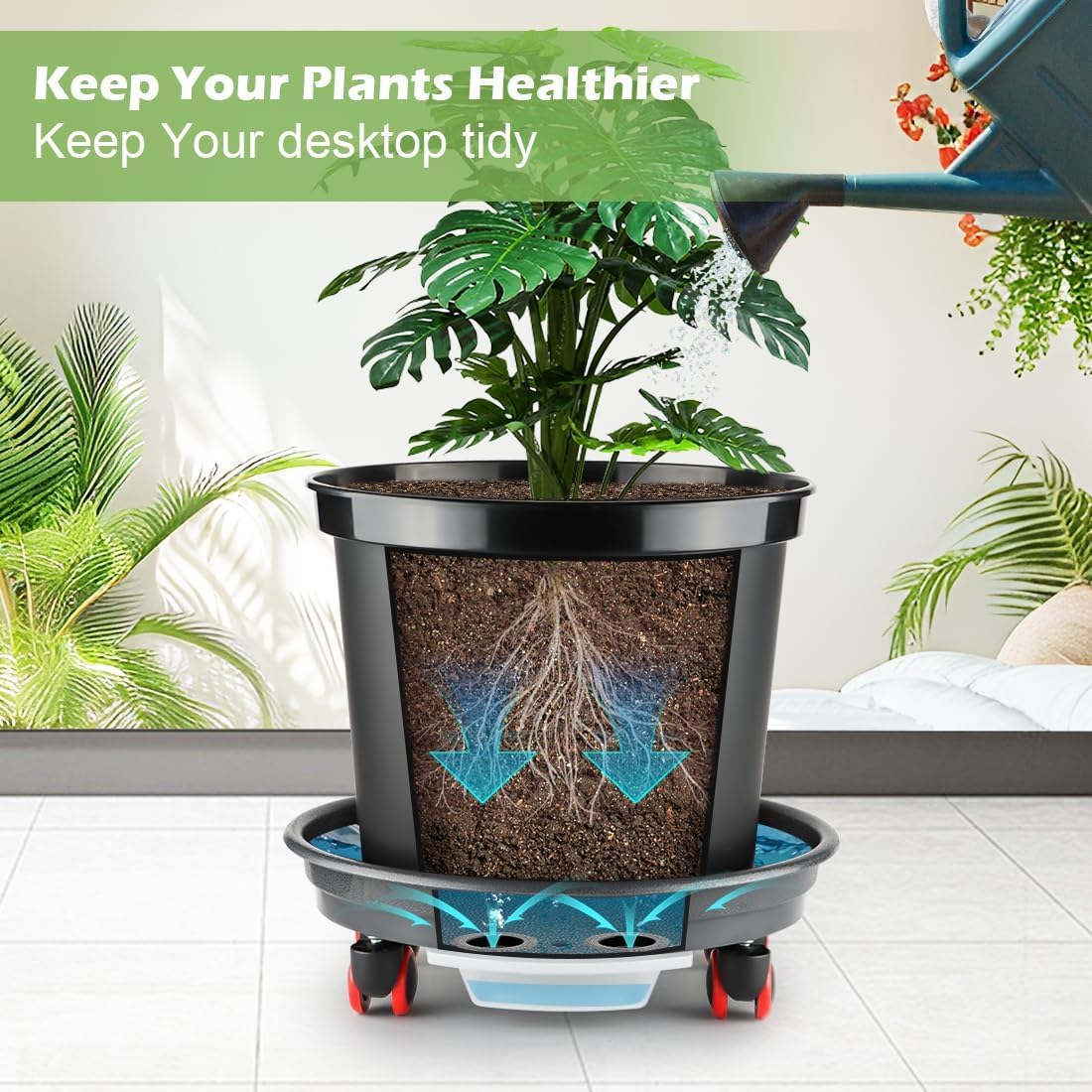 RooTrimmer 15 Inch Plant Caddy with Wheels,Heavy Duty Rolling Planter Dolly,Drainage Holes & Drip Tray,Movable Plant Stand for Heavy Pots Indoor Outdoor
