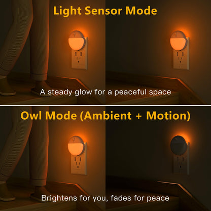 YUNLEX 2 Pack Plug in Sleep Night Light with Motion Sensor and Dusk to Dawn Sensor, 3 Modes, Soft Glow, Stepless Dimming, LED Lights for Bedroom, Sleep, Baby Nursery, Kids, Toddler, Home Decor (Amber)