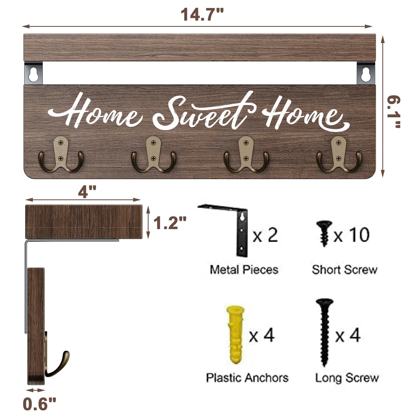 buways Wall-Mounted Key and Mail Holder, Wooden Key Rack with 4 Double Key Hooks, Rustic Home Decor for Entryway