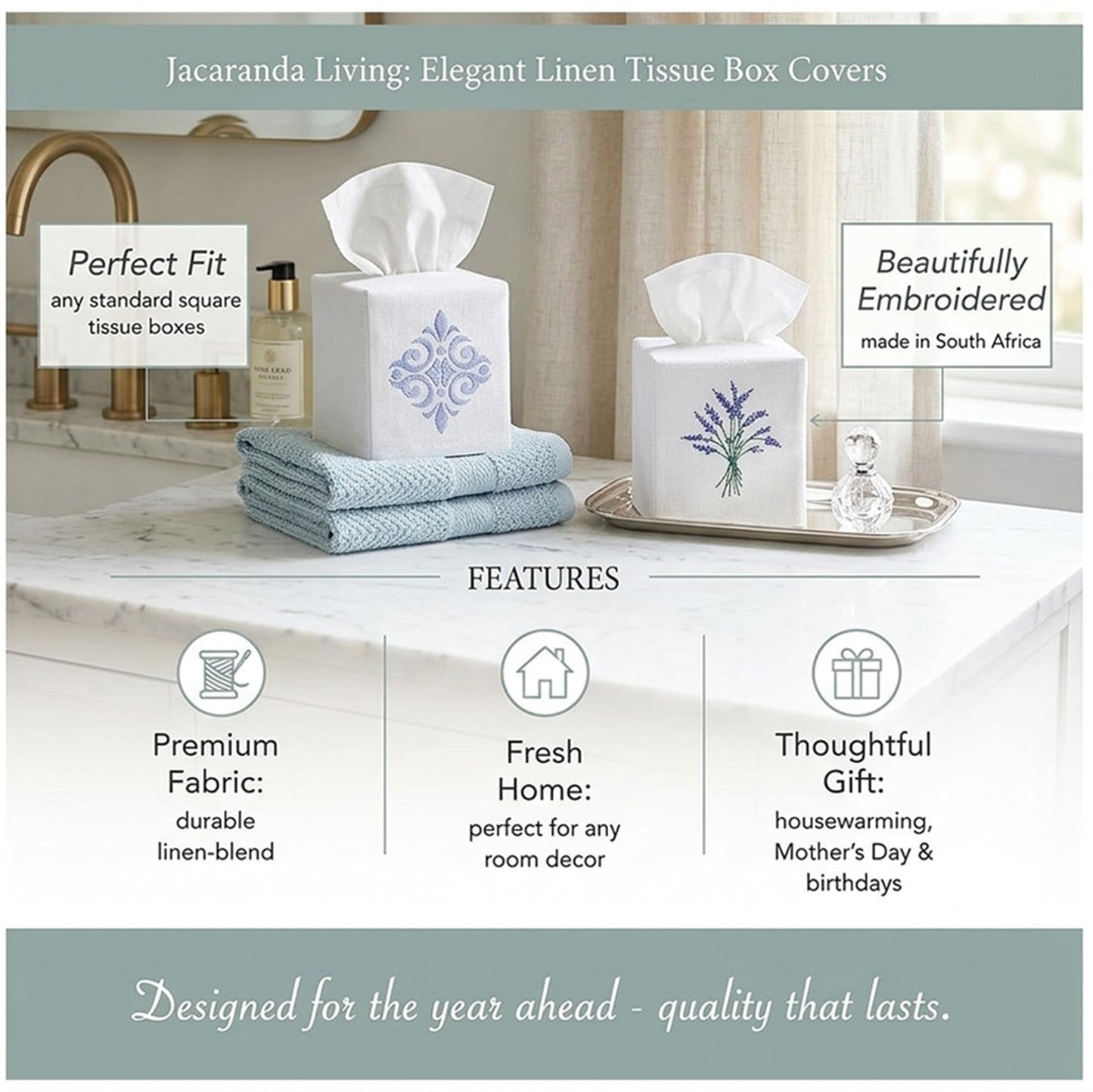 Jacaranda Living Square Tissue Box Cover, Linen/Cotton Fabric Tissue Holder, Decorative Cloth Tissue Cube Cover, Animal Designs Feathered Peacock (Turquoise, Pewter)