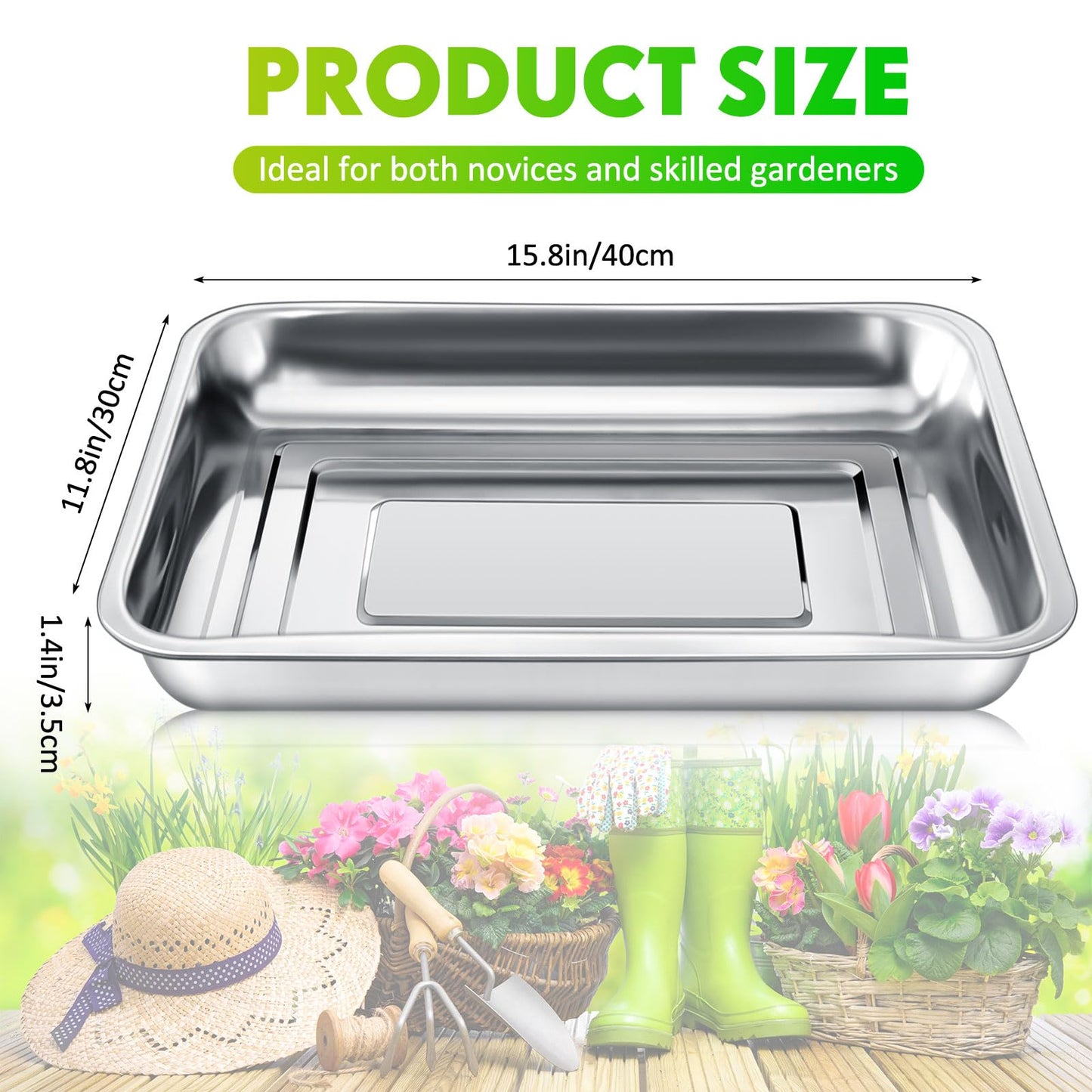 FillTouch 10 Pcs Stainless Steel Seed Starter Tray, Stainless Metal Garden Trays, Nursery Seedling Pots for Collection Transplantation & Propagation Flats, No Drain Holes(15.8 x 11.8 x 1.4 Inch)