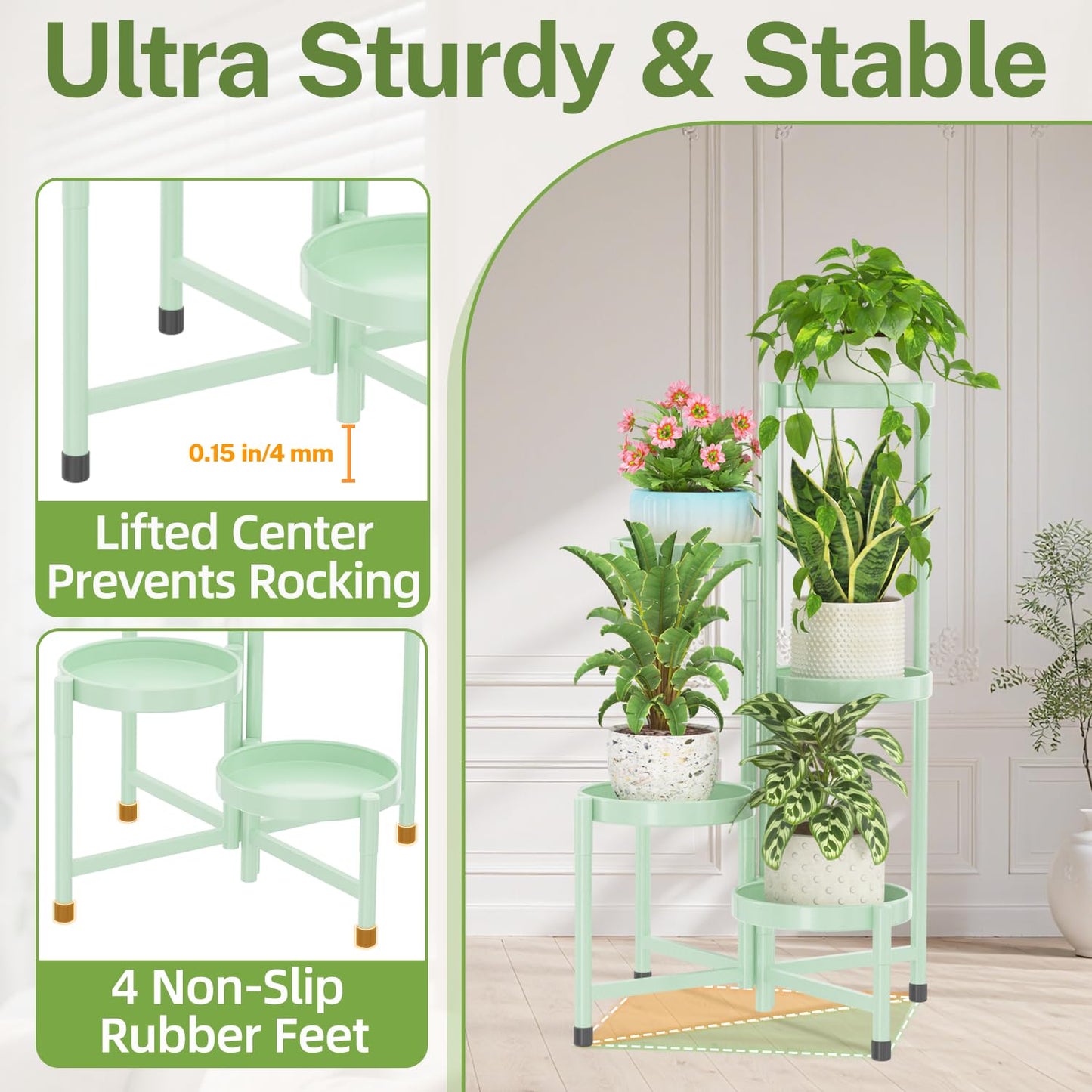 iDavosic.ly Plant Stand Indoor Outdoor, 5 Tier Corner Metal Flower Display Holder Shelf, Folding Tall Orchid Rack for Patio Balcony Porch Garden Living Room House, Light Green