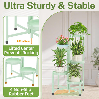 iDavosic.ly Plant Stand Indoor Outdoor, 5 Tier Corner Metal Flower Display Holder Shelf, Folding Tall Orchid Rack for Patio Balcony Porch Garden Living Room House, Light Green