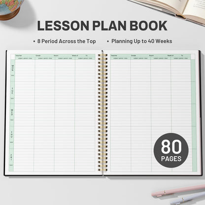 SUNEE 8 Period Teacher Lesson Plan Book - Days Vertically, Undated Teacher Planner 2026-2027 Academic Year, 8.5 x 11 Inch, 104 Pages/52 Sheets (40 Weeks), Waterproof Plastic Cover, Back Pocket, Black