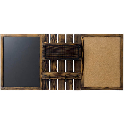 MyGift 3 Panel Wall Mounted Entryway Bulletin Board Combo Set with Rustic Burnt Solid Wood Frame with a Chalkboard, Cork Board, Black Metal Mail Basket, and Hanging Rail
