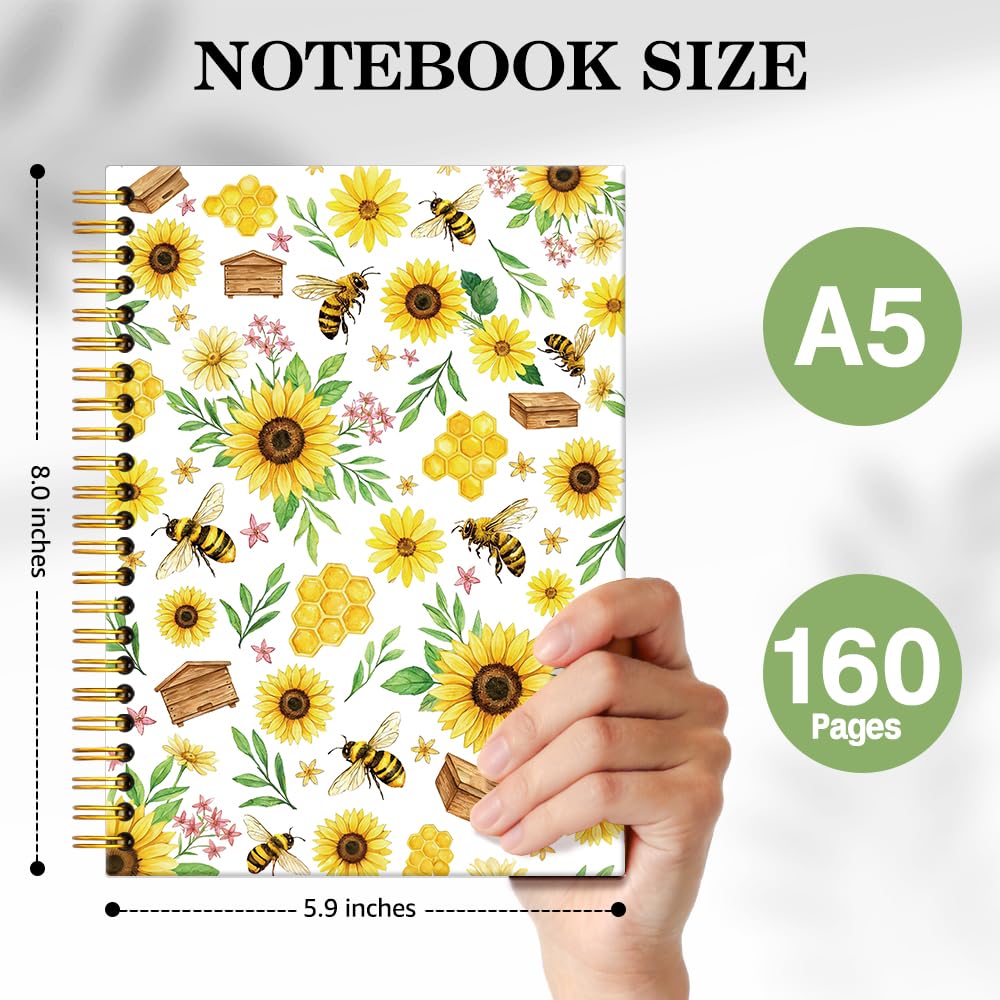 ERHACHAIJIA Sunflower & Bee Hardcover 160 Pages Lined Spiral Notebook, Funny Floral Ruled Journal for Women Flower Lover Bee Lover, Writing and Meditation Notebook Gifts, Mother's Day Birthday Gifts