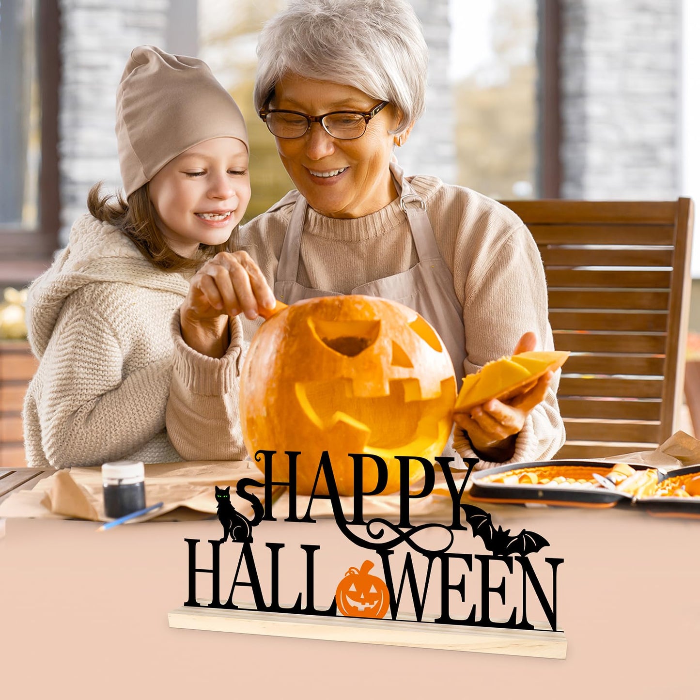 COCHIE Metal Happy Halloween Sign, Black Halloween Decorations for Home, Office, Shelf, Mantel, Indoor, Jack-o-lantern Decoration, Spooky Cat Bat Decor (Halloween)