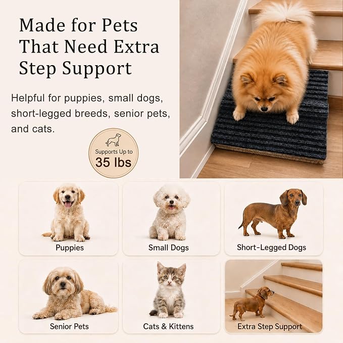 6 Pack Dog Ramp for Stairs – Solid Wood Adjustable & Foldable, 4 Heights, Non-Slip Silicone Base, Traction Felt, Raised Pause Strip, 35lb for Small & Senior Dogs