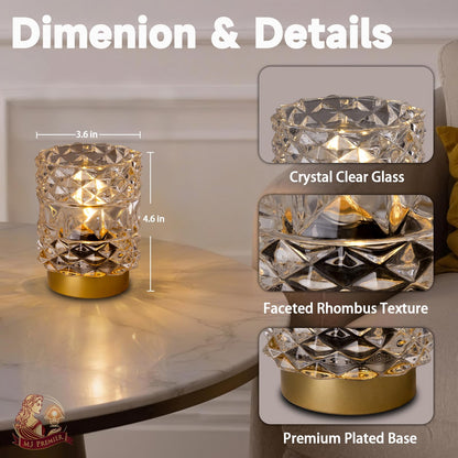 MJ PREMIER Battery Operated Lamp with Timer, Cordless Table Lamps for Shelf Decor, Rhombus Texture Aesthetic Crystal Lamp, Small Decorative Lamps for Bedroom/Bathroom/Kitchen/Entryway/Dorm (Clear)