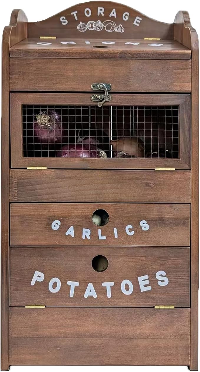 ARTAWEIN Pine Wood Veggie Bin for Potato, Onion and 1 Garlic Drawer Vegetable Box for Kitchen Storage, Solid Wood Vegetable Bin 13.77" L X 7.1" W X 29.3" H (Rustic Walnut)
