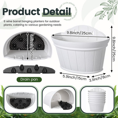 Layhit 6 Pcs Wall Hanging Planters Outdoor Pot Planter Wine Barrel Planter Distressed Oak Thickened Plastic Water Storage Flower Pots for Flower Indoor Outdoor(10 Inches,White)