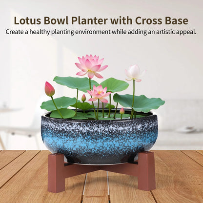 Lotus Bowl Planter with Cross Base, Ceramic Water Plant Bowl, Indoor Lotus Flower Pot with Starry Texture, Leakproof Bonsai Bowl, Hydroponic Planter for Aquatic Plants, Lilies, and Succulents