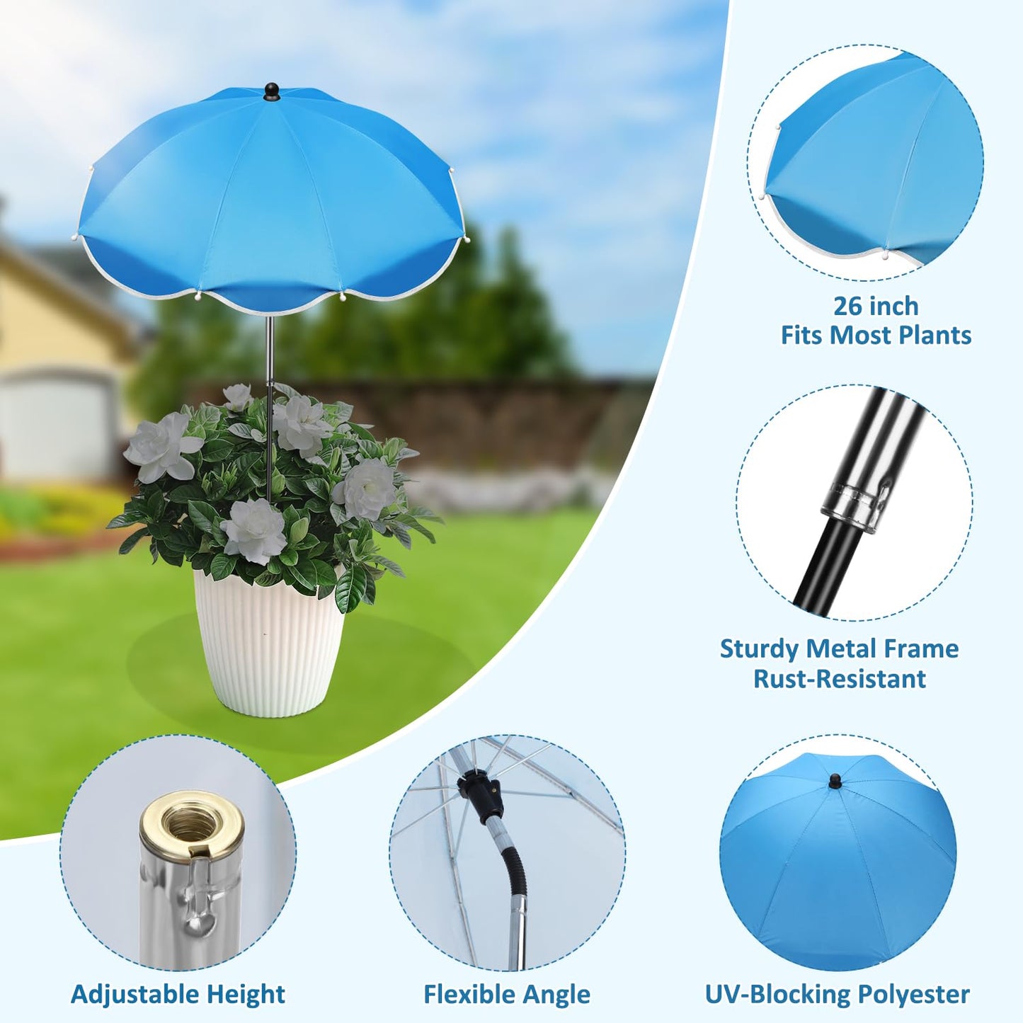 QRRICA 10/9/8/7.5/7 Inch Self Watering Pots and 4 Pack 23.6 Inch Plant Umbrellas for Outdoor Plants