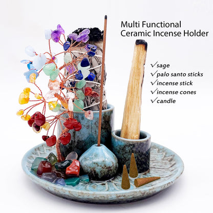 5 in 1 Incense Burner Holder with Crystal Healing Tree, Palo Santo Holder, Sage Holder, Incense Holder for Sticks/Cones/Candles, Ceramic Tray Ash Catcher for Burning Incense, Meditation Gift