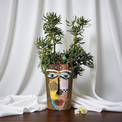 Yhupl Picasso Abstract Face Flower Pot,Plant Pot with Facial Expressions,Handmade Resin Plant Pot with Drainage Holes,for Indoor and Outdoor Botanical Home décor (Brown Large)