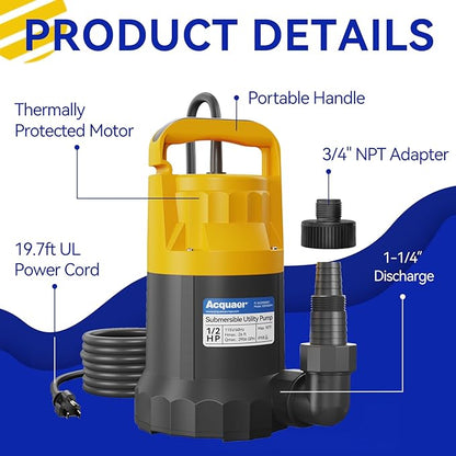 Acquaer 1/2HP Sump Pump, 2906GPH Submersible Water Pump for Water Removal in Hot Tubs, Pools, Basements, and Garden Ponds