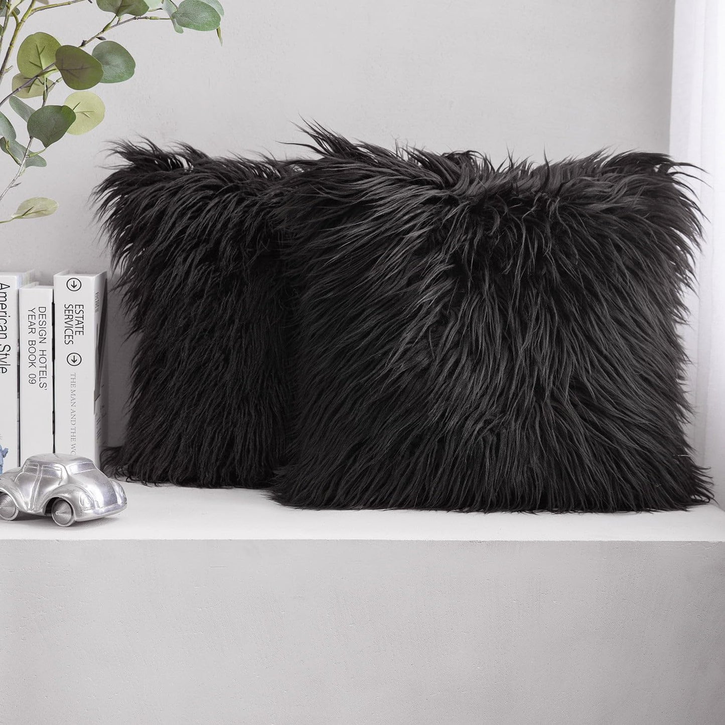Phantoscope Pack of 2 Faux Fur Solid Throw Decorative Pillow Cover Cushion Covers Luxury Soft Halloween Decorative Pillowcase Fuzzy Pillow Covers for Bed/Couch, Black 18 x 18 Inches