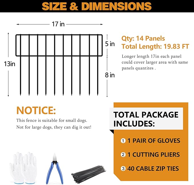 19.83ft(L) X 13inch(H) No Dig Fence, 14 Panels Animal Barrier Fences Rustproof Metal Bottom Fencing Border, Rabbits Dog Digging Blockers Ground Stakes Defense for Outdoor Landscape Patio