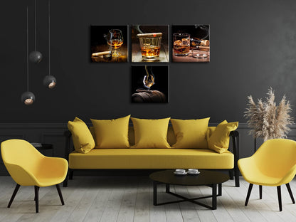 Pyradecor Cigar Wine Whisky Canvas Prints Wall Art Liquor Still Life Pictures Paintings for Kitchen Bar Pub Home Decorations 4 Piece Modern Stretched Ready to Hang Artwork