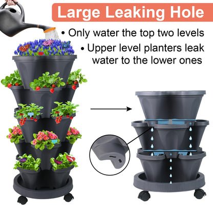 DUNCHATY Stackable Planter, Vertical Strawberry Planter with Garen Tool Set, Self Watering Garden Planter Indoor/Outdoor 5 Tier Herb Planter Pots for Growing Vegetables and Succulents, Dark Gray