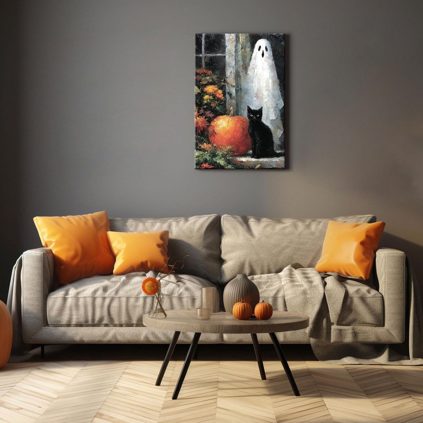 Horror Ghost Canvas Wall Art,Halloween Black Cat Poster Print,Dark Academia Wall Decor For Home Bedroom Living Room 12X18 in Unframed