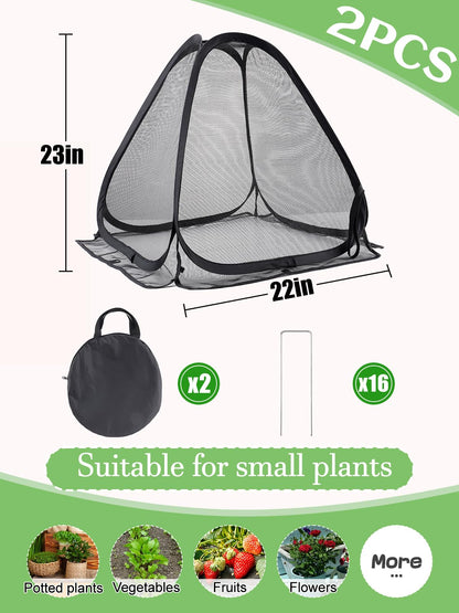2-Pack Durable Plant Covers - Pop-up Fine Mesh Plant Tents with 8 Stakes, 22''x22''x23''Plant Protectors, Garden Crop Guard Cages for Vegetables Fruits Away from Animals Birds Deer Squirrels