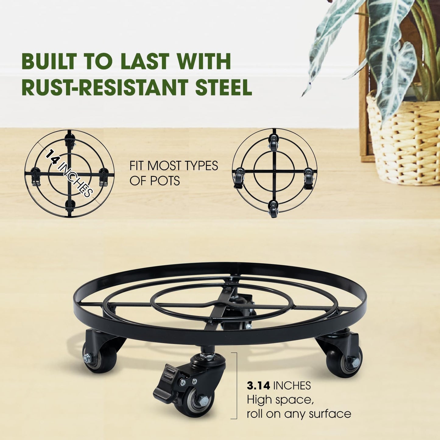 Idzo Upgraded Lockable Heavy Duty Trolley Capacity 385lbs, 12 Inch, Black, Large Plant Pots, Parasol Stands and Bases or Plant Stand with Wheels